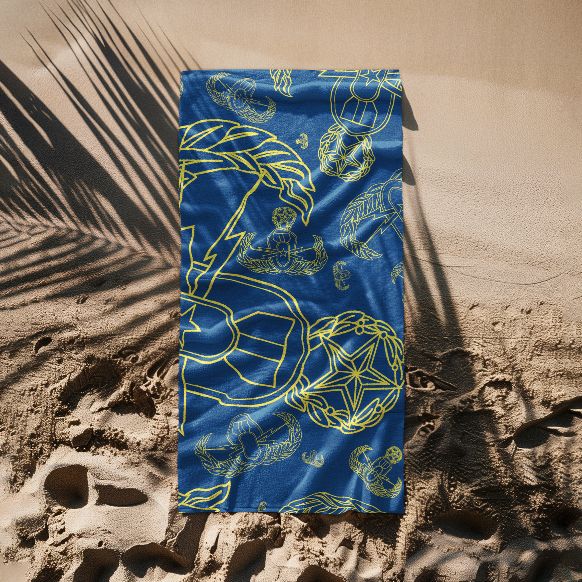 Print On Demand  - Beach Towel - "EOD Mixed Badges" (Yellow on Blue)
