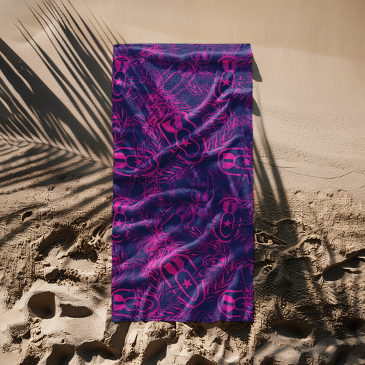 Print On Demand  - Beach Towel - "It's 5 o'clock Somewhere" (Pink on Purple)