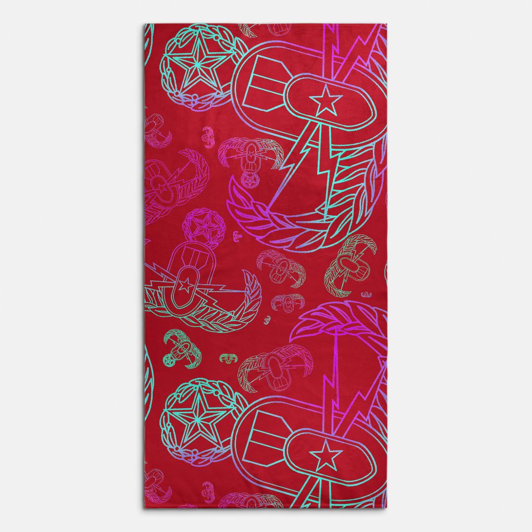 Print On Demand  - Beach Towel - "EOD Mixed Badges" (Multicolor on Red)